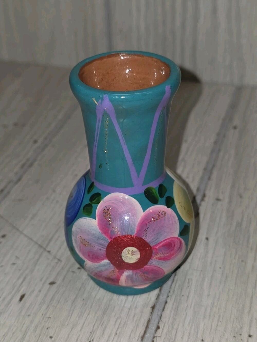 Talavera Hand Crafted Mexican Folk Art Terracotta Small Vase Floral Cancun